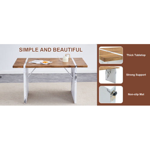 Natural Wood Grain MDF Dining Table   55x31.5 Stable Design.Suitable For Various Modern Home Decor Styles.Splicing Structure Design,Wood Textured Desktop,White Marble Patterned Table Legs - ArchCanvas Haven