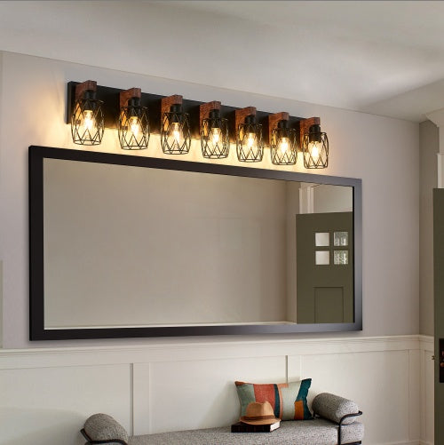 Industrial Vintage 7-Light Wall Sconce - Black Cage Wall Lighting Fixture With Wooden Accents For Bathroom, Hallway, Or Living Room Bulb Not Included - ArchCanvas Haven