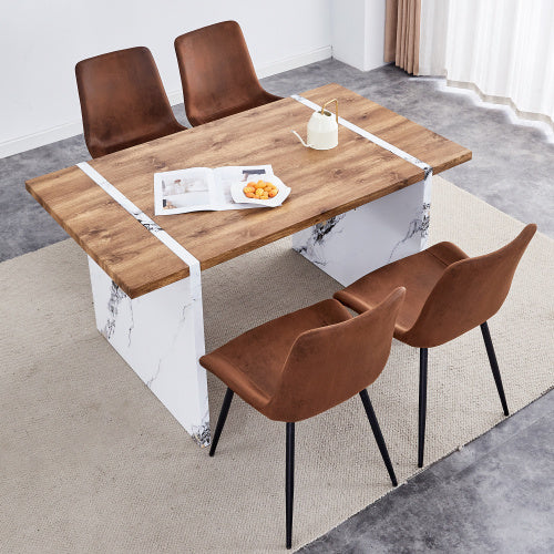 Natural Wood Grain MDF Dining Table   55x31.5 Stable Design.Suitable For Various Modern Home Decor Styles.Splicing Structure Design,Wood Textured Desktop,White Marble Patterned Table Legs - ArchCanvas Haven