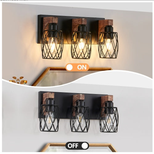 18 Industrial Vintage 3-Light Wall Sconce - Black Cage Wall Lighting Fixture With Wooden Accents For Bathroom, Hallway, Or Living Room Bulb Not Included - ArchCanvas Haven