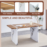 Natural Wood Grain MDF Dining Table   55x31.5 Stable Design.Suitable For Various Modern Home Decor Styles.Splicing Structure Design,Wood Textured Desktop,White Marble Patterned Table Legs - ArchCanvas Haven