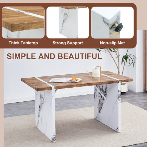 Natural Wood Grain MDF Dining Table   55x31.5 Stable Design.Suitable For Various Modern Home Decor Styles.Splicing Structure Design,Wood Textured Desktop,White Marble Patterned Table Legs - ArchCanvas Haven