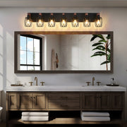 Industrial Vintage 7-Light Wall Sconce - Black Cage Wall Lighting Fixture With Wooden Accents For Bathroom, Hallway, Or Living Room Bulb Not Included - ArchCanvas Haven