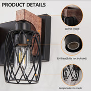 Industrial Vintage 7-Light Wall Sconce - Black Cage Wall Lighting Fixture With Wooden Accents For Bathroom, Hallway, Or Living Room Bulb Not Included - ArchCanvas Haven