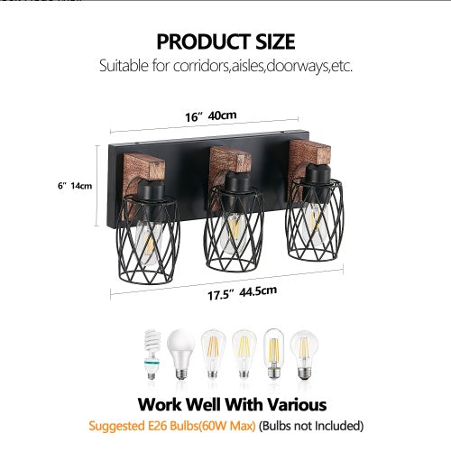 18 Industrial Vintage 3-Light Wall Sconce - Black Cage Wall Lighting Fixture With Wooden Accents For Bathroom, Hallway, Or Living Room Bulb Not Included - ArchCanvas Haven