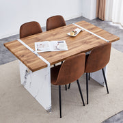 Natural Wood Grain MDF Dining Table   55x31.5 Stable Design.Suitable For Various Modern Home Decor Styles.Splicing Structure Design,Wood Textured Desktop,White Marble Patterned Table Legs - ArchCanvas Haven