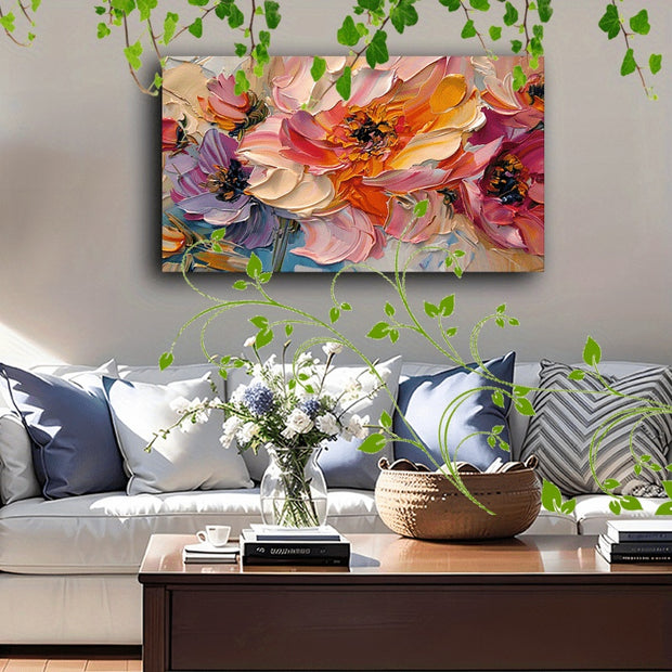 1pc Vibrant Floral Canvas Art With Wooden Frame - Textured Pastel Flowers, Abstract Blossom Arrangement For Home & Office Decor, Ideal For Living Room, Corridor, Anniversary - ArchCanvas Haven