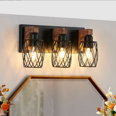18 Industrial Vintage 3-Light Wall Sconce - Black Cage Wall Lighting Fixture With Wooden Accents For Bathroom, Hallway, Or Living Room Bulb Not Included - ArchCanvas Haven