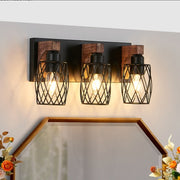 18 Industrial Vintage 3-Light Wall Sconce - Black Cage Wall Lighting Fixture With Wooden Accents For Bathroom, Hallway, Or Living Room Bulb Not Included - ArchCanvas Haven