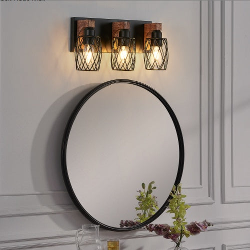 18 Industrial Vintage 3-Light Wall Sconce - Black Cage Wall Lighting Fixture With Wooden Accents For Bathroom, Hallway, Or Living Room Bulb Not Included - ArchCanvas Haven
