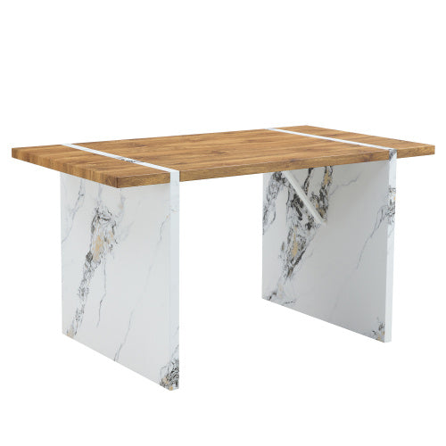 Natural Wood Grain MDF Dining Table   55x31.5 Stable Design.Suitable For Various Modern Home Decor Styles.Splicing Structure Design,Wood Textured Desktop,White Marble Patterned Table Legs - ArchCanvas Haven