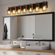 Industrial Vintage 7-Light Wall Sconce - Black Cage Wall Lighting Fixture With Wooden Accents For Bathroom, Hallway, Or Living Room Bulb Not Included - ArchCanvas Haven