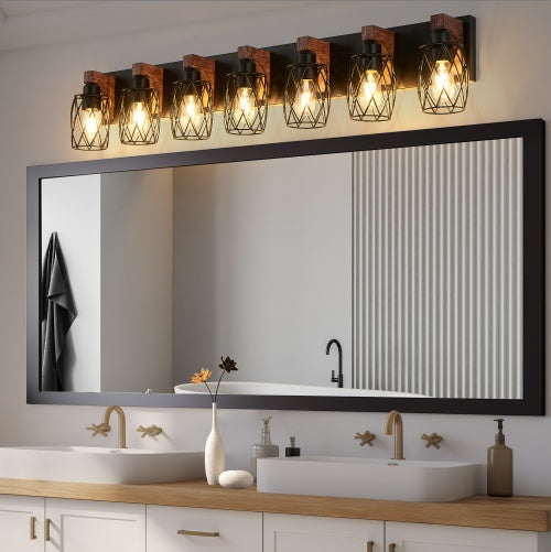 Industrial Vintage 7-Light Wall Sconce - Black Cage Wall Lighting Fixture With Wooden Accents For Bathroom, Hallway, Or Living Room Bulb Not Included - ArchCanvas Haven