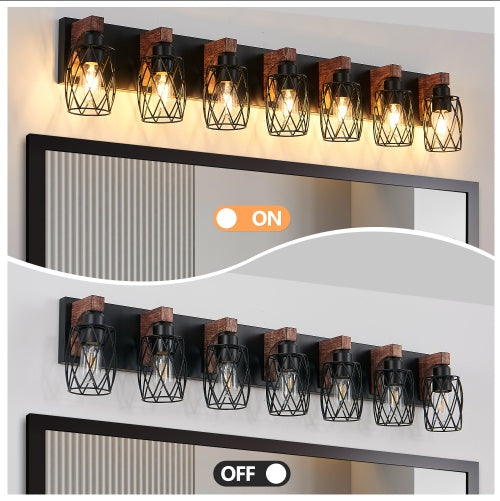 Industrial Vintage 7-Light Wall Sconce - Black Cage Wall Lighting Fixture With Wooden Accents For Bathroom, Hallway, Or Living Room Bulb Not Included - ArchCanvas Haven