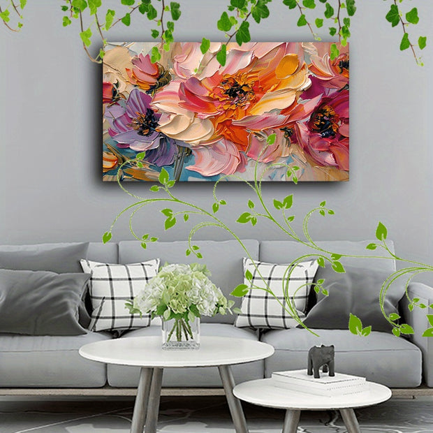 1pc Vibrant Floral Canvas Art With Wooden Frame - Textured Pastel Flowers, Abstract Blossom Arrangement For Home & Office Decor, Ideal For Living Room, Corridor, Anniversary - ArchCanvas Haven