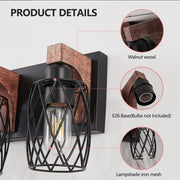 18 Industrial Vintage 3-Light Wall Sconce - Black Cage Wall Lighting Fixture With Wooden Accents For Bathroom, Hallway, Or Living Room Bulb Not Included - ArchCanvas Haven