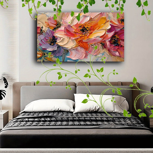 1pc Vibrant Floral Canvas Art With Wooden Frame - Textured Pastel Flowers, Abstract Blossom Arrangement For Home & Office Decor, Ideal For Living Room, Corridor, Anniversary - ArchCanvas Haven