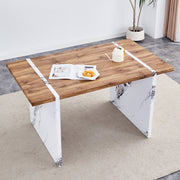 Natural Wood Grain MDF Dining Table   55x31.5 Stable Design.Suitable For Various Modern Home Decor Styles.Splicing Structure Design,Wood Textured Desktop,White Marble Patterned Table Legs - ArchCanvas Haven
