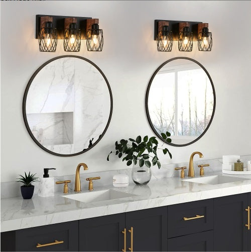 18 Industrial Vintage 3-Light Wall Sconce - Black Cage Wall Lighting Fixture With Wooden Accents For Bathroom, Hallway, Or Living Room Bulb Not Included - ArchCanvas Haven