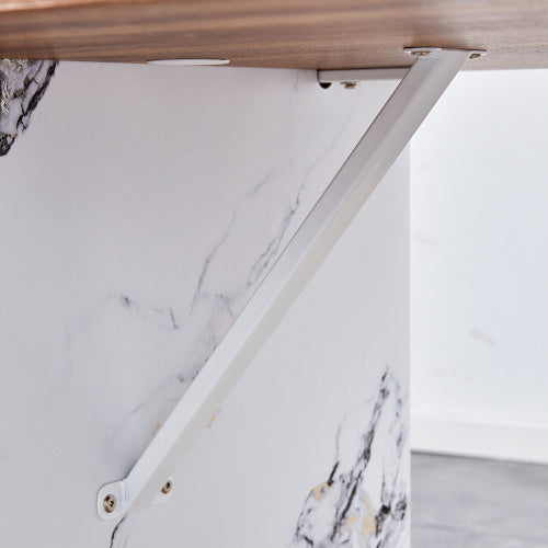 Natural Wood Grain MDF Dining Table   55x31.5 Stable Design.Suitable For Various Modern Home Decor Styles.Splicing Structure Design,Wood Textured Desktop,White Marble Patterned Table Legs - ArchCanvas Haven