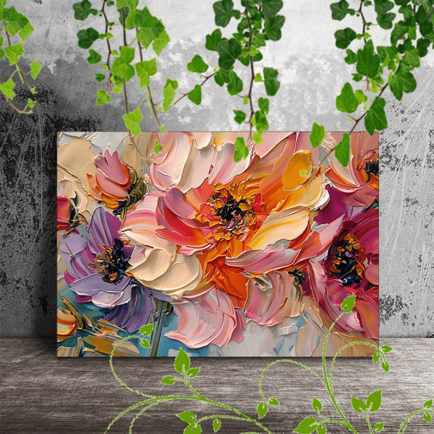 1pc Vibrant Floral Canvas Art With Wooden Frame - Textured Pastel Flowers, Abstract Blossom Arrangement For Home & Office Decor, Ideal For Living Room, Corridor, Anniversary - ArchCanvas Haven