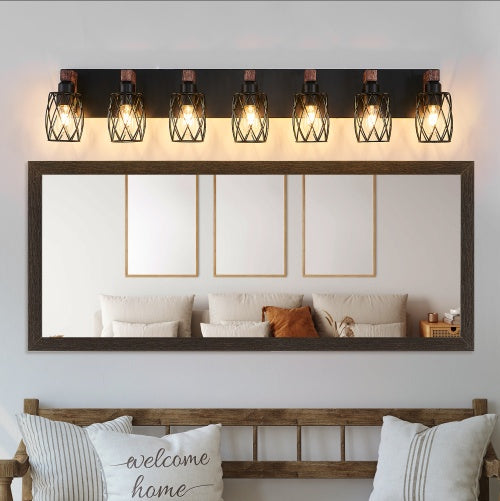 Industrial Vintage 7-Light Wall Sconce - Black Cage Wall Lighting Fixture With Wooden Accents For Bathroom, Hallway, Or Living Room Bulb Not Included - ArchCanvas Haven